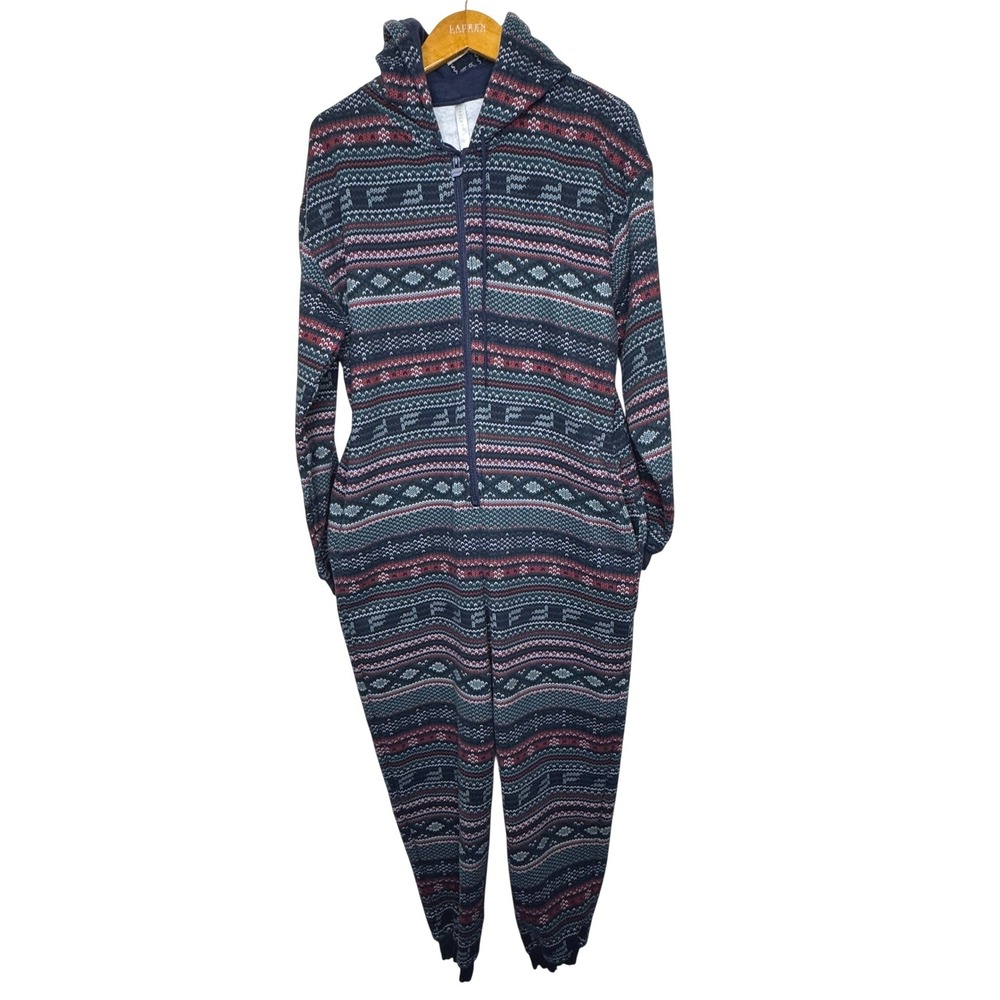 Fabletics Forever Fleece Hoodie One Piece Large Navy Fair Isle Print